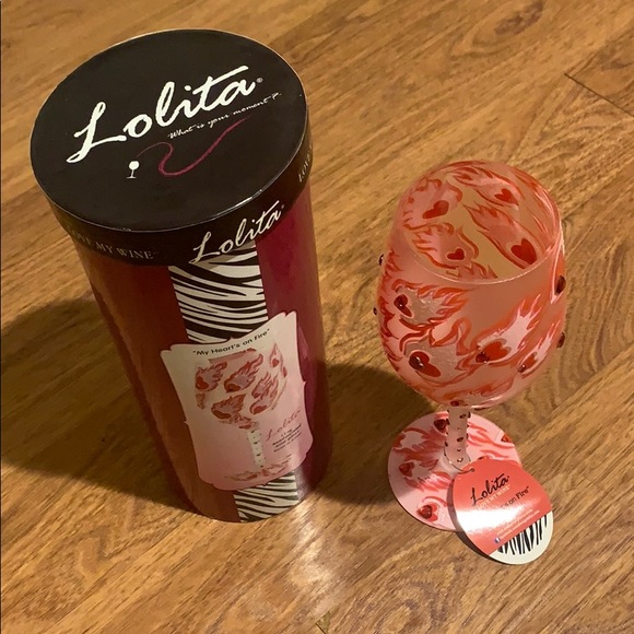 Lolita “heart is on fire” hand painted wine glass